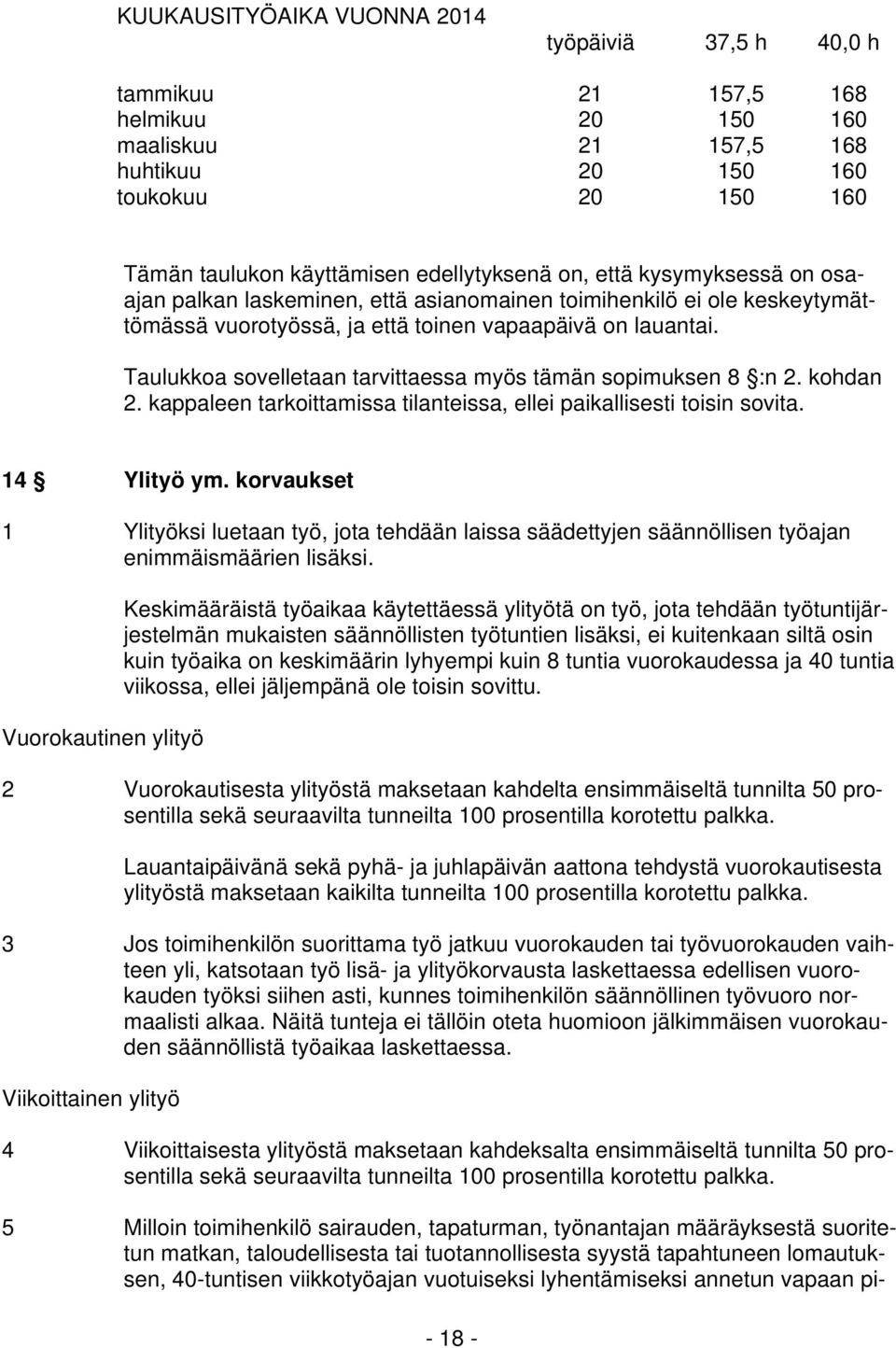 Taulukkoa sovelletaan tarvittaessa myös tämän sopimuksen 8 :n 2. kohdan 2. kappaleen tarkoittamissa tilanteissa, ellei paikallisesti toisin sovita. 14 Ylityö ym.