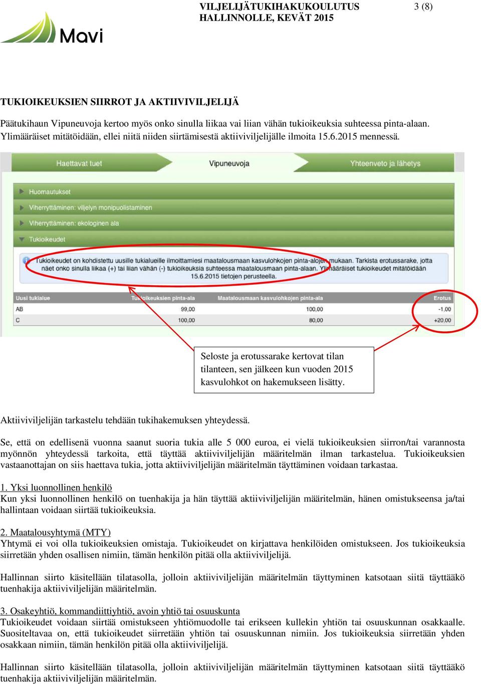 Seloste ja erotussarake kertovat tilan tilanteen, sen jälkeen kun vuoden 2015 kasvulohkot on hakemukseen lisätty. Aktiiviviljelijän tarkastelu tehdään tukihakemuksen yhteydessä.