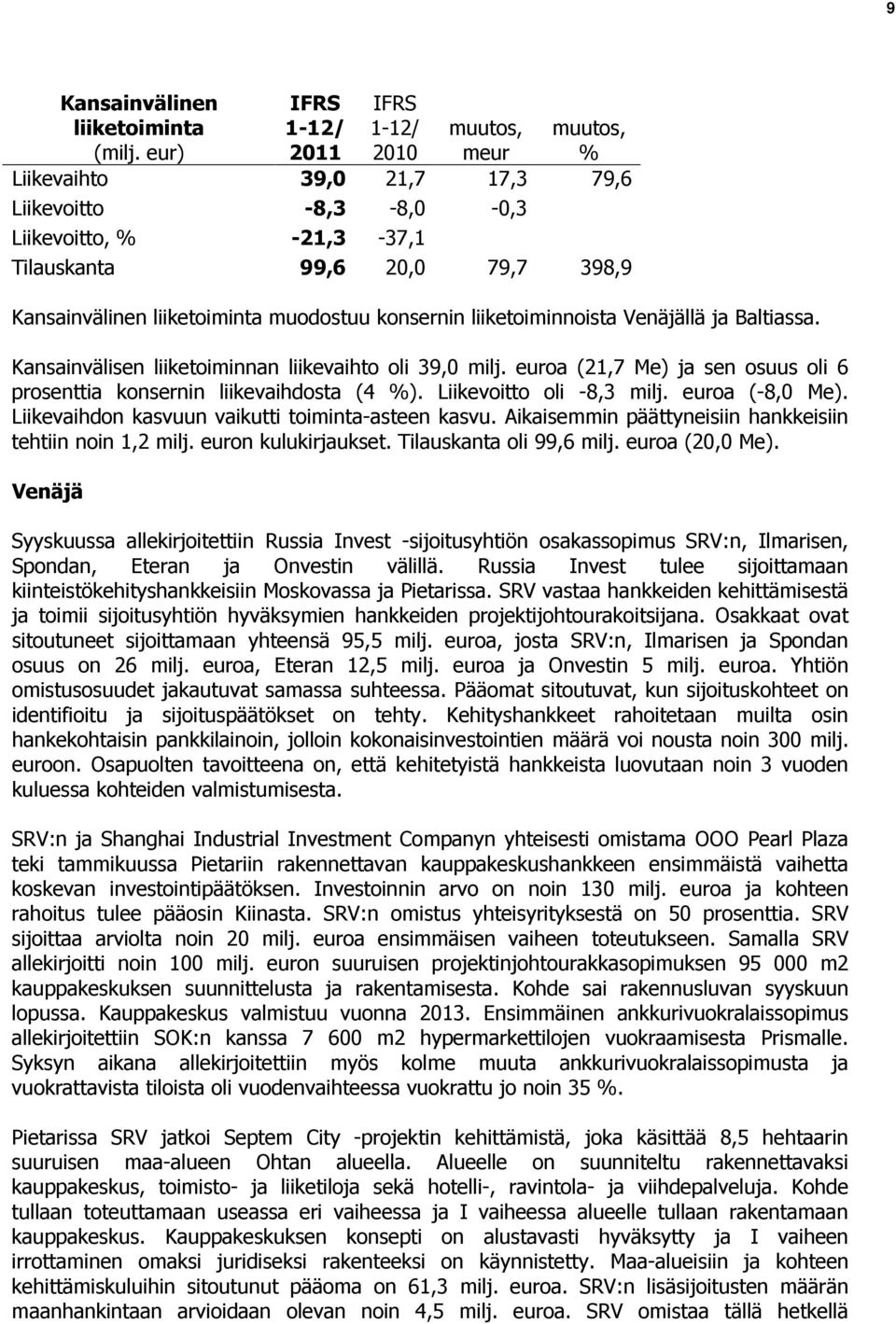 muodostuu konsernin liiketoiminnoista Venäjällä ja Baltiassa. Kansainvälisen liiketoiminnan liikevaihto oli 39,0 milj. euroa (21,7 Me) ja sen osuus oli 6 prosenttia konsernin liikevaihdosta (4 %).