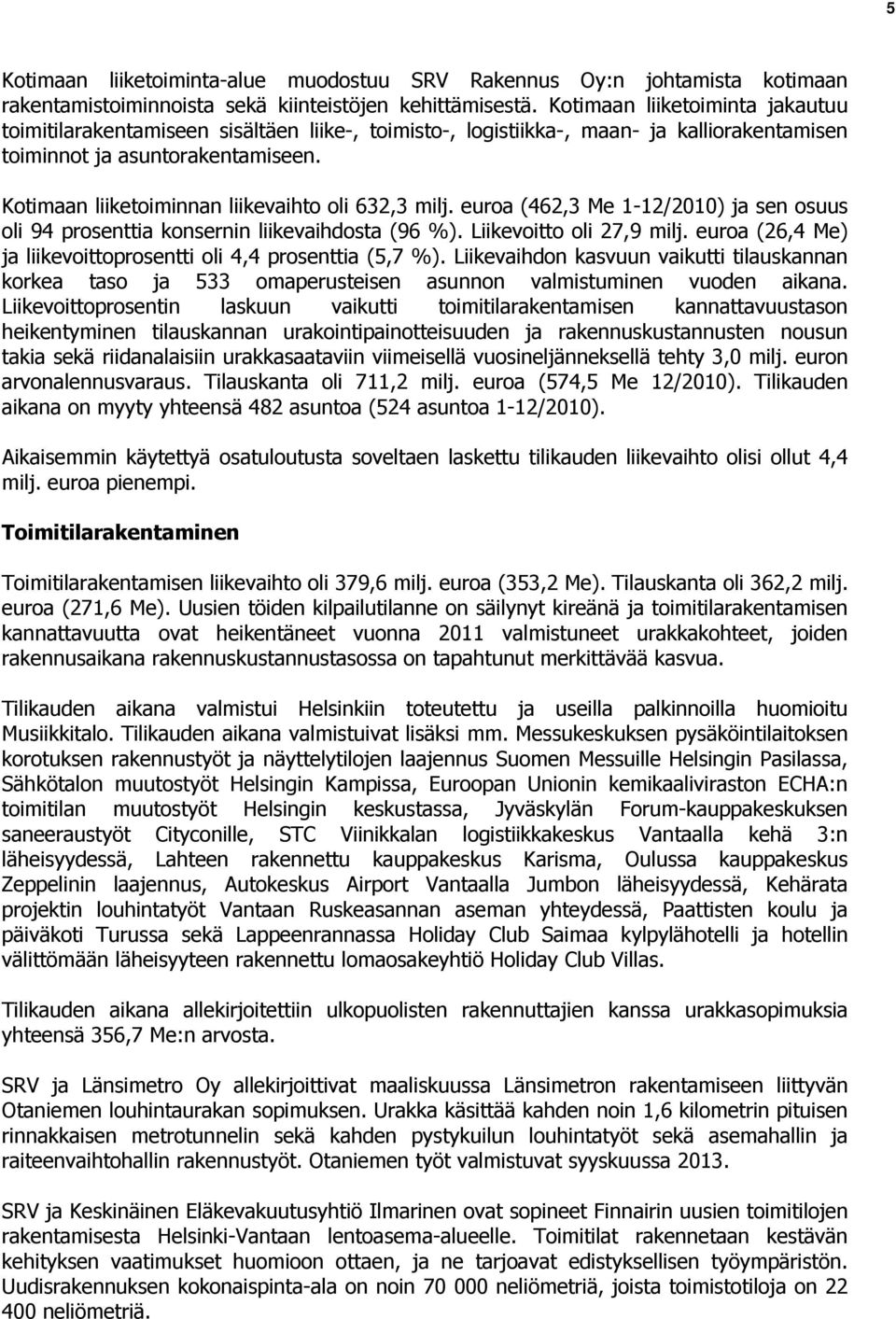 Kotimaan liiketoiminnan liikevaihto oli 632,3 milj. euroa (462,3 Me 1-12/2010) ja sen osuus oli 94 prosenttia konsernin liikevaihdosta (96 %). Liikevoitto oli 27,9 milj.