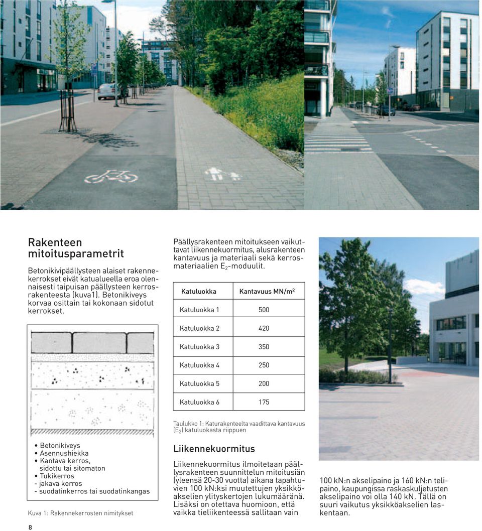 Katuluokka Kantavuus MN/m 2 Katuluokka 1 500 Katuluokka 2 420 Katuluokka 3 350 Katuluokka 4 250 Katuluokka 5 200 Katuluokka 6 175 Kuva 1: Rakennekerrosten nimitykset 8 Betonikiveys Asennushiekka