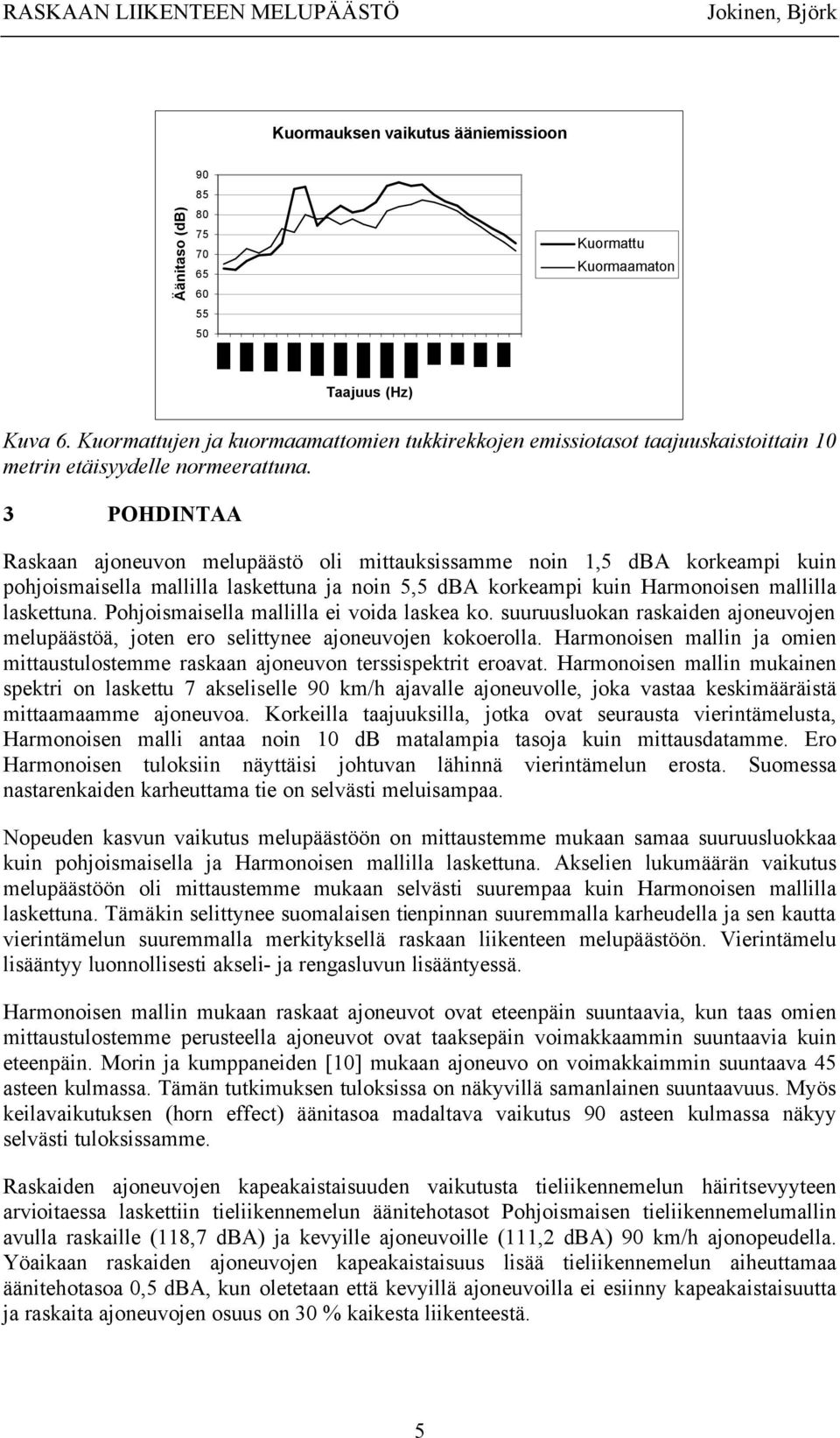 3 POHDINTAA Raskaan ajoneuvon melupäästö oli mittauksissamme noin 1,5 dba korkeampi kuin pohjoismaisella mallilla laskettuna ja noin 5,5 dba korkeampi kuin Harmonoisen mallilla laskettuna.