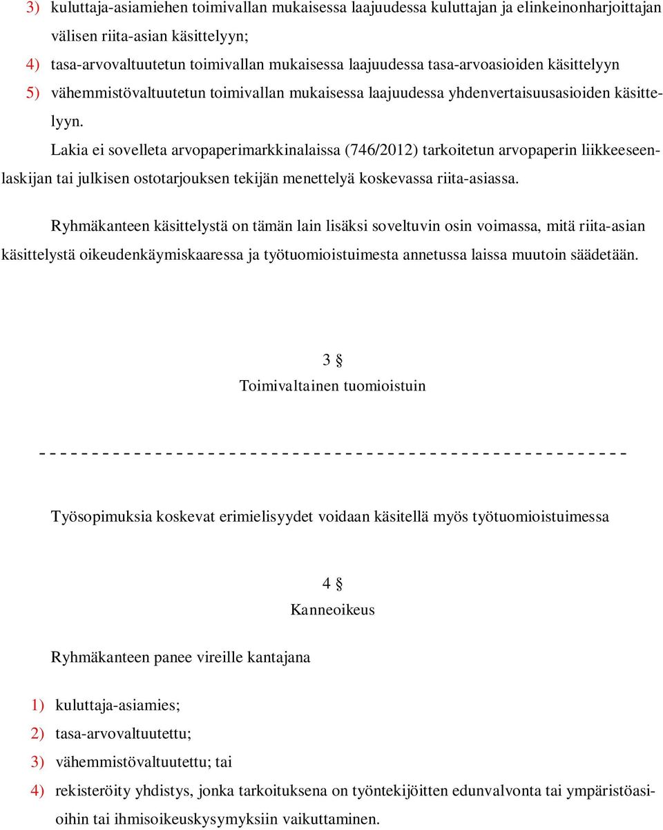 Lakia ei sovelleta arvopaperimarkkinalaissa (746/2012) tarkoitetun arvopaperin liikkeeseenlaskijan tai julkisen ostotarjouksen tekijän menettelyä koskevassa riita-asiassa.