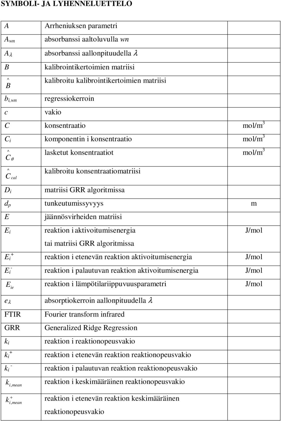 algoritmissa d p tunkeutumissyvyys m E E i E i E i - jäännösvirheiden matriisi reaktion i aktivoitumisenergia tai matriisi GRR algoritmissa reaktion i etenevän reaktion aktivoitumisenergia reaktion i