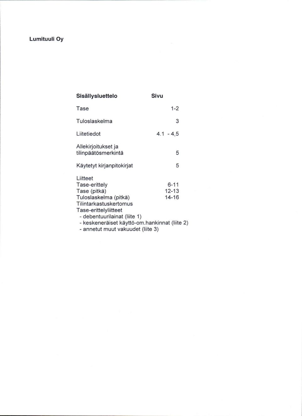 1-4,5 5 5 Liifteet Tase rittely Tase (pilke) Tuloslaskelma (pitka) Tilintarkastuskertom us