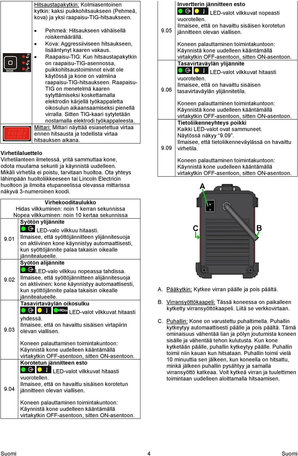 Raapaisu-TIG: Kun hitsaustapakytkin on raapaisu-tig-asennossa, puikkohitsaustoiminnot eivät ole käytössä ja kone on valmiina raapaisu-tig-hitsaukseen.