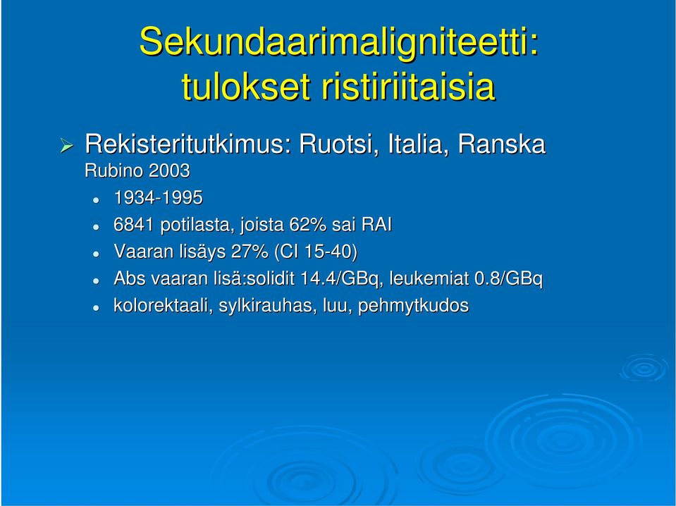 joista 62% sai RAI Vaaran lisäys 27% (CI 15-40) Abs vaaran