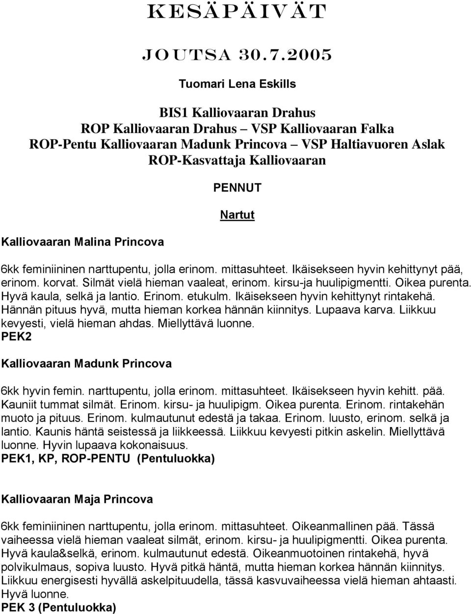 Kalliovaaran Malina Princova PENNUT Nartut 6kk feminiininen narttupentu, jolla erinom. mittasuhteet. Ikäisekseen hyvin kehittynyt pää, erinom. korvat. Silmät vielä hieman vaaleat, erinom.
