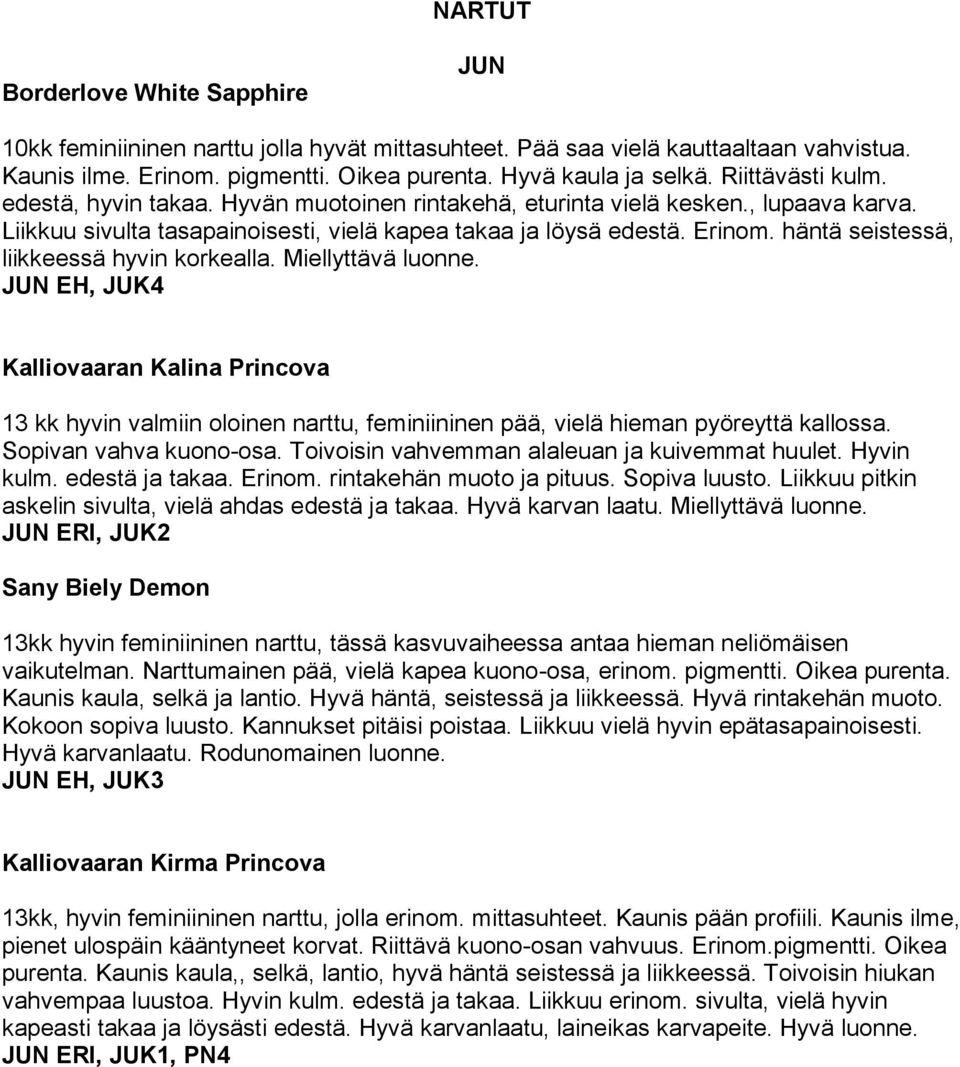 häntä seistessä, liikkeessä hyvin korkealla. Miellyttävä luonne. JUN EH, JUK4 Kalliovaaran Kalina Princova 13 kk hyvin valmiin oloinen narttu, feminiininen pää, vielä hieman pyöreyttä kallossa.