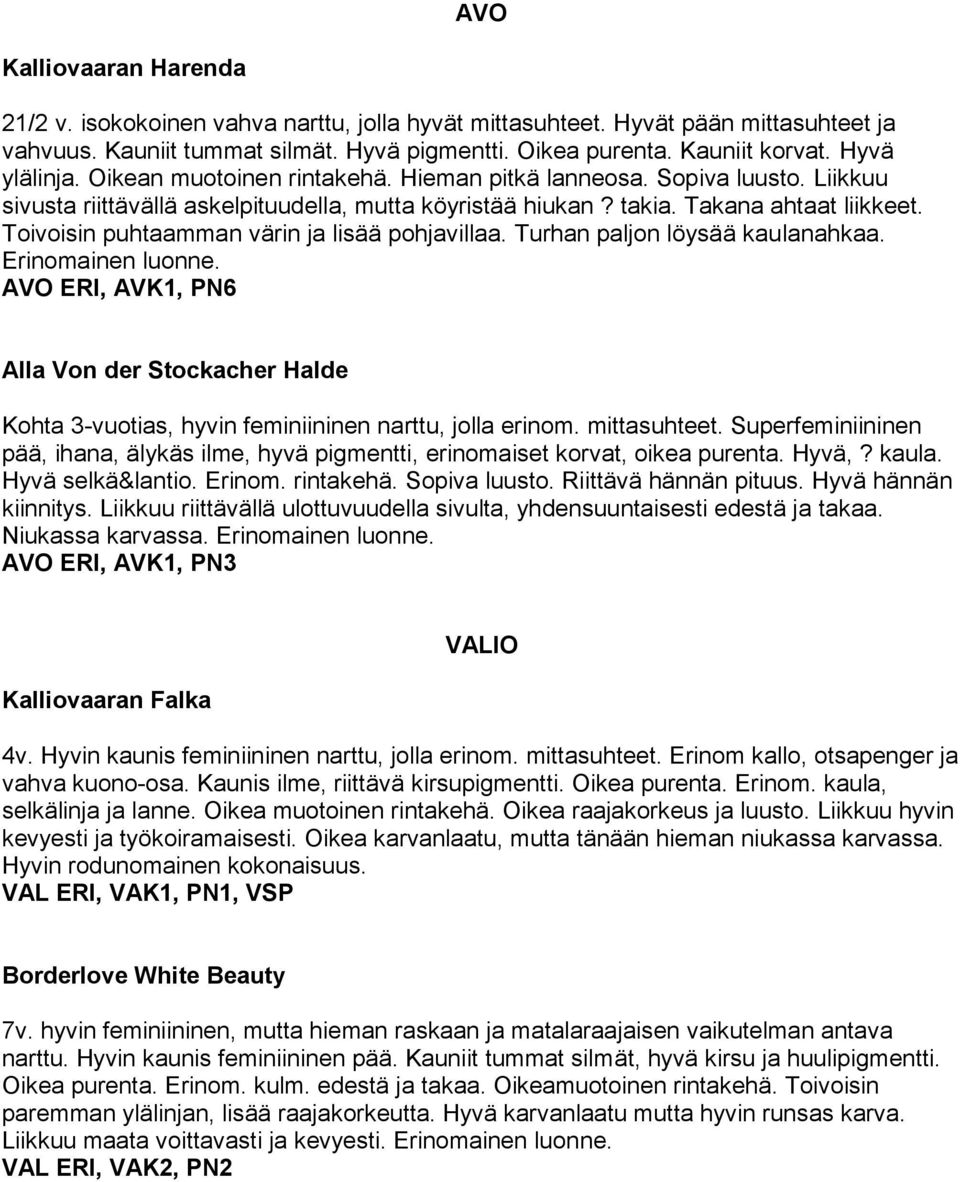 Toivoisin puhtaamman värin ja lisää pohjavillaa. Turhan paljon löysää kaulanahkaa. Erinomainen luonne.