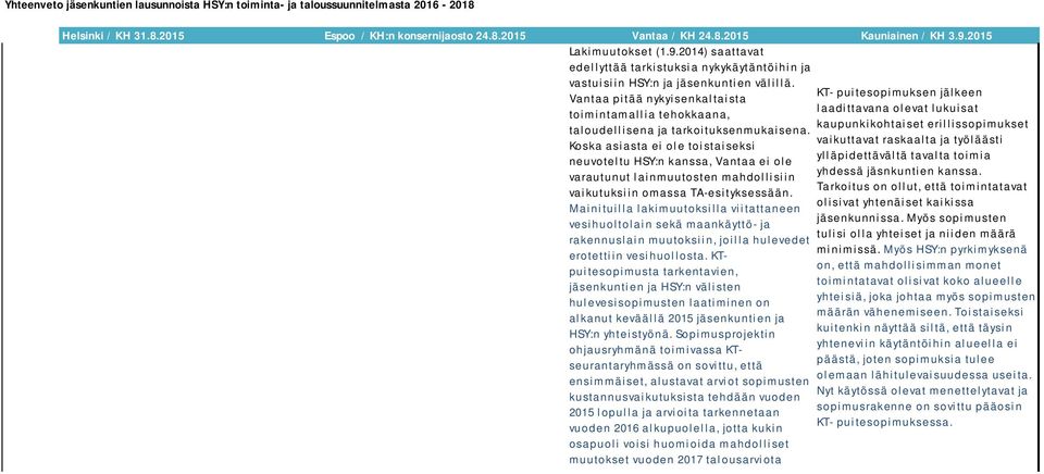 Koska asiasta ei ole toistaiseksi neuvoteltu HSY:n kanssa, Vantaa ei ole varautunut lainmuutosten mahdollisiin vaikutuksiin omassa TA-esityksessään.