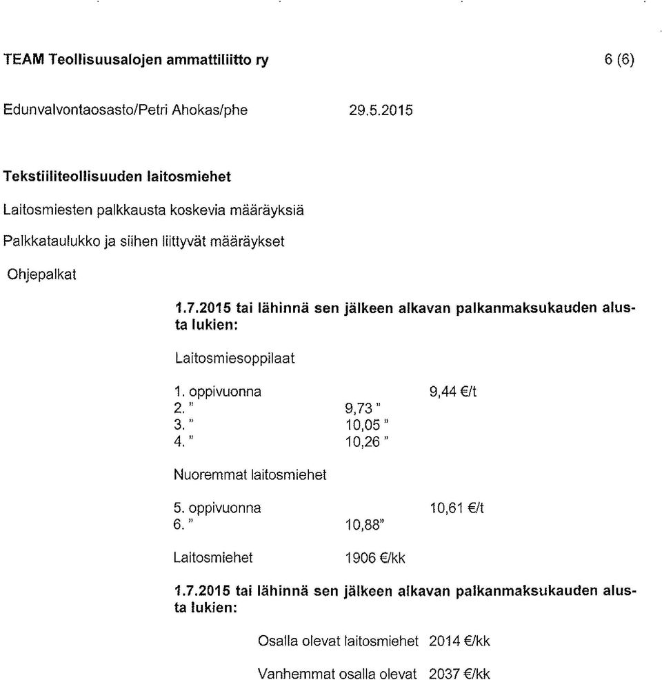 2015 tai lähinnä sen jälkeen alkavan palkanmaksukauden alusta lukien: Laitosm iesoppii aat 1. oppivuonna 9,44 2. n 9,73 " 3. " 10,05 I) 4.