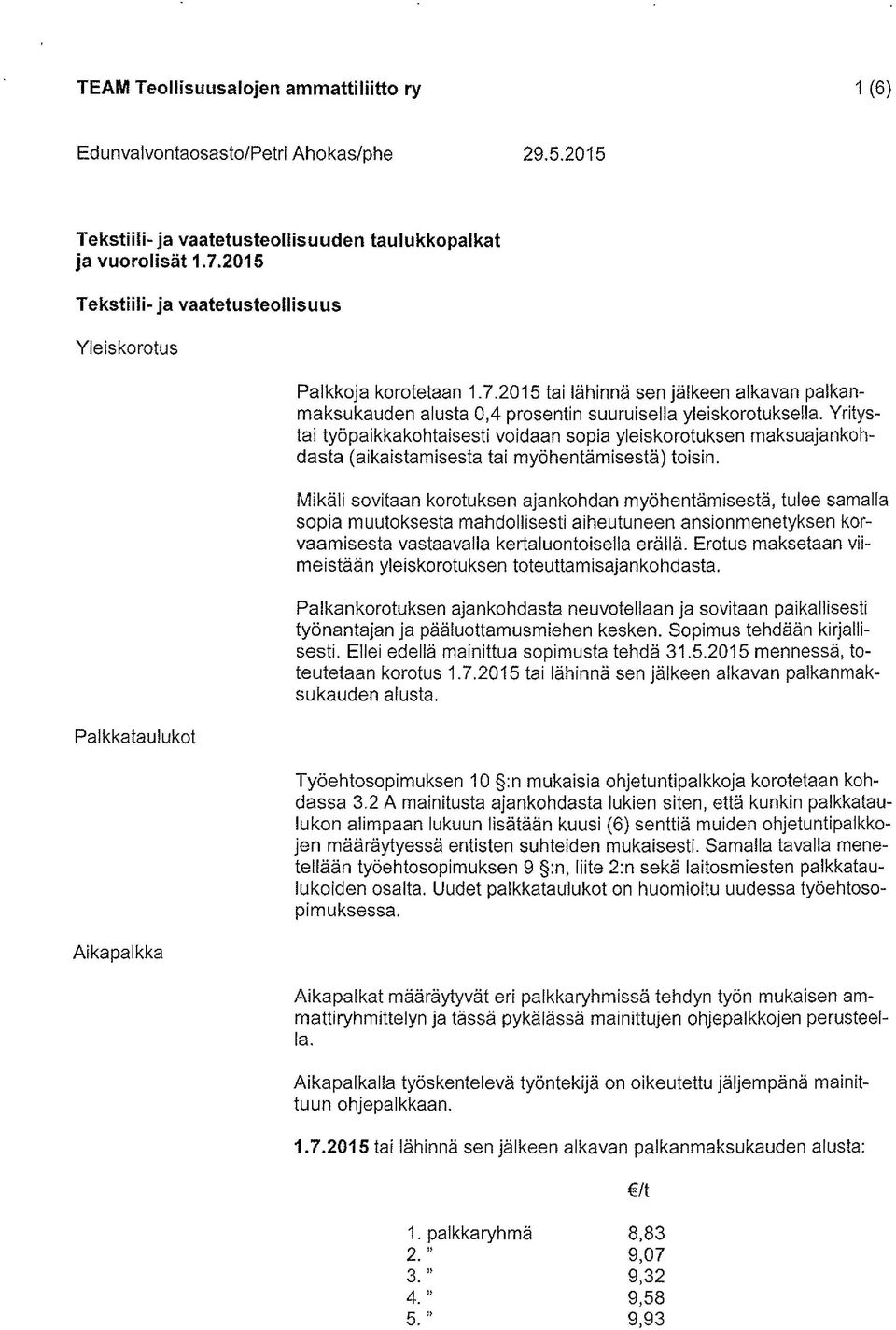 2015 ta i lähinnä sen jäi keen alkavan paikanmaksukauden alusta 0,4 prosentin suuruisella yleiskorotuksella.