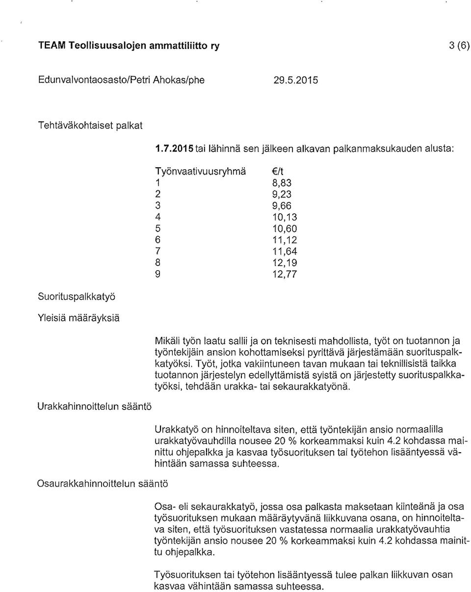 laatu sallii ja on teknisesti mahdollista, työt on tuotannon ja työntekijäin ansion kohottamiseksi pyrittävä järjestämään suorituspalkkatyöksi.