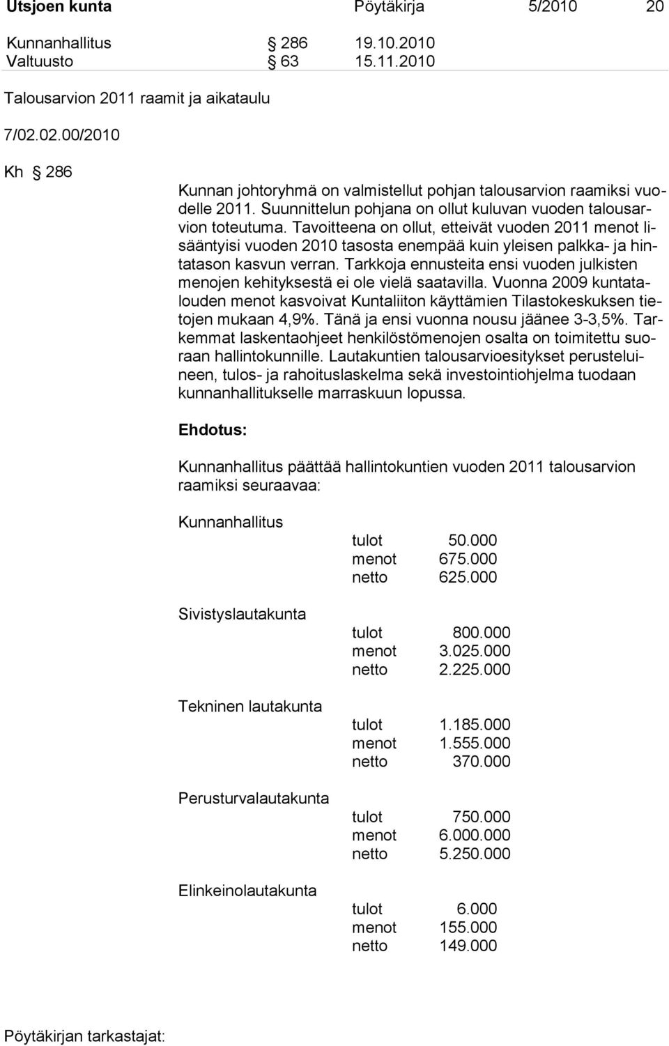 Tavoitteena on ollut, etteivät vuoden 2011 menot lisääntyisi vuoden 2010 tasosta enempää kuin yleisen palkka- ja hintatason kasvun verran.