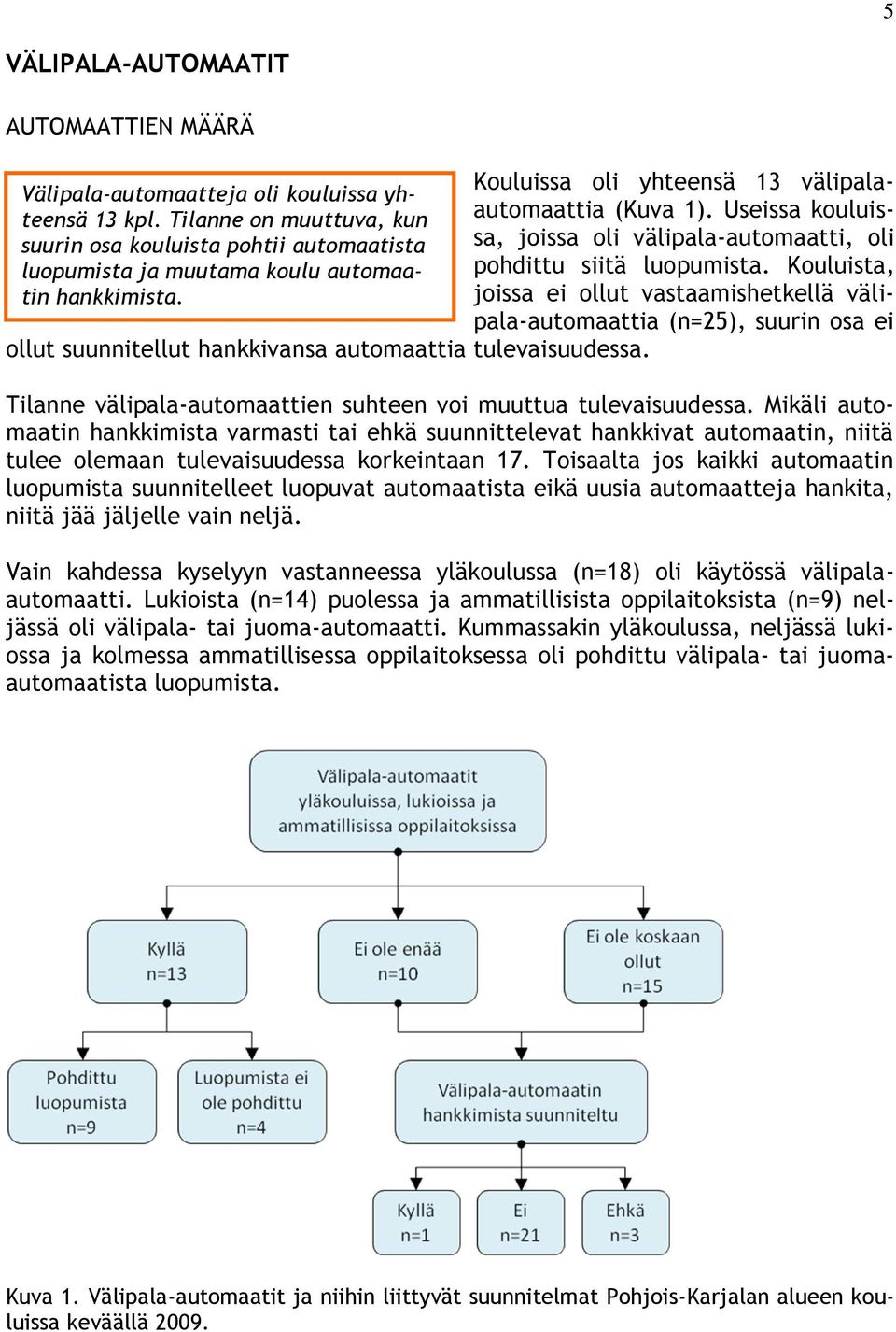 Kouluissa oli yhteensä 13 välipalaautomaattia (Kuva 1). Useissa kouluissa, joissa oli välipala-automaatti, oli pohdittu siitä luopumista.