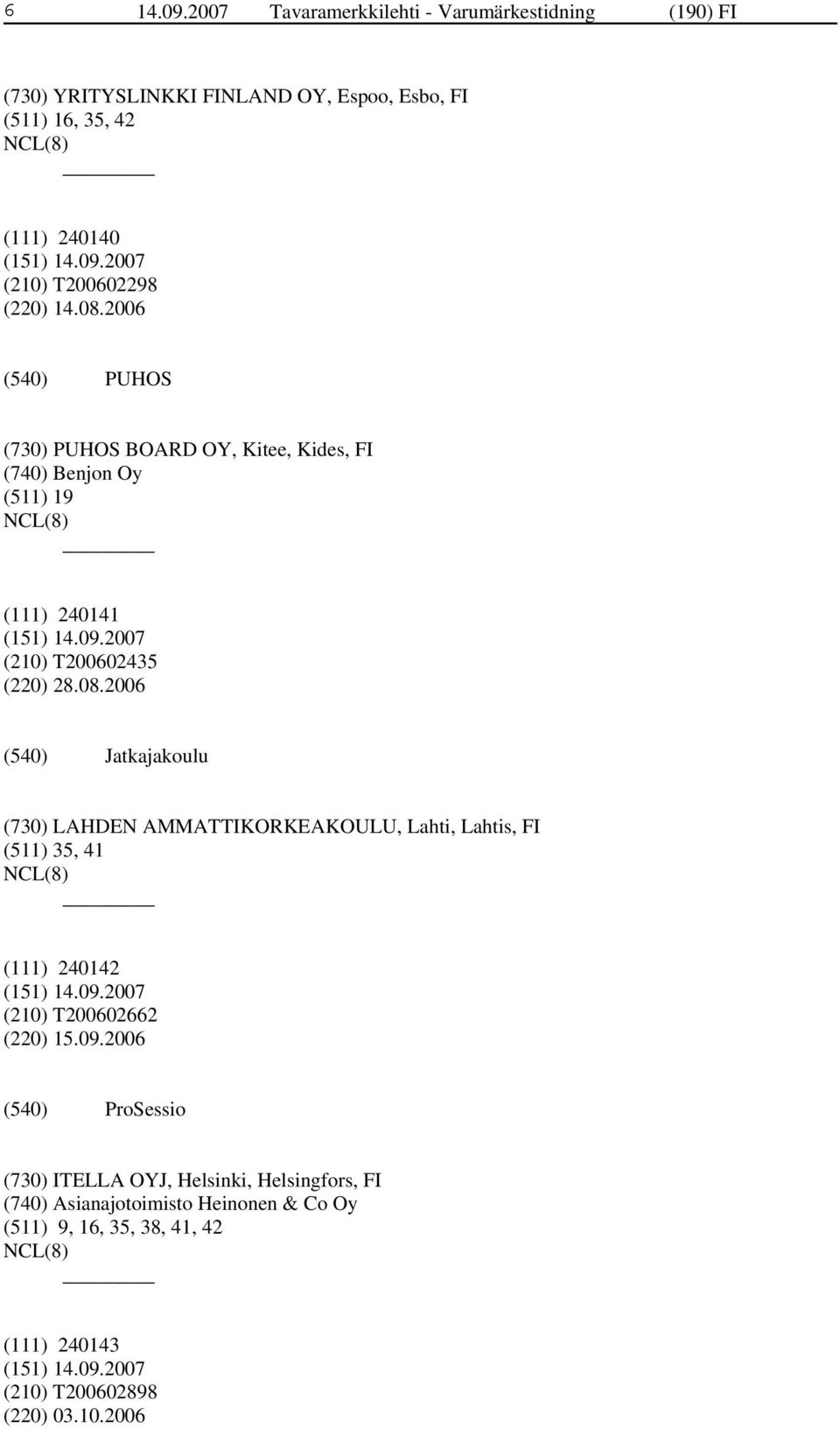 T200602298 (220) 14.08.2006 PUHOS (730) PUHOS BOARD OY, Kitee, Kides, FI (740) Benjon Oy (511) 19 (111) 240141 (210) T200602435 (220) 28.08.2006 Jatkajakoulu (730) LAHDEN AMMATTIKORKEAKOULU, Lahti, Lahtis, FI (511) 35, 41 (111) 240142 (210) T200602662 (220) 15.