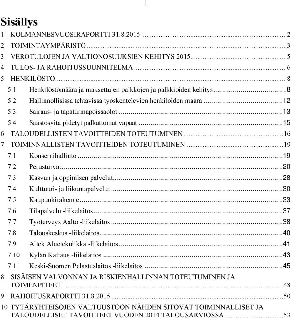 4 Säästösyitä pidetyt palkattomat vapaat... 15 6 TALOUDELLISTEN TAVOITTEIDEN TOTEUTUMINEN... 16 7 TOIMINNALLISTEN TAVOITTEIDEN TOTEUTUMINEN... 19 7.1 Konsernihallinto... 19 7.2 Perusturva... 20 7.