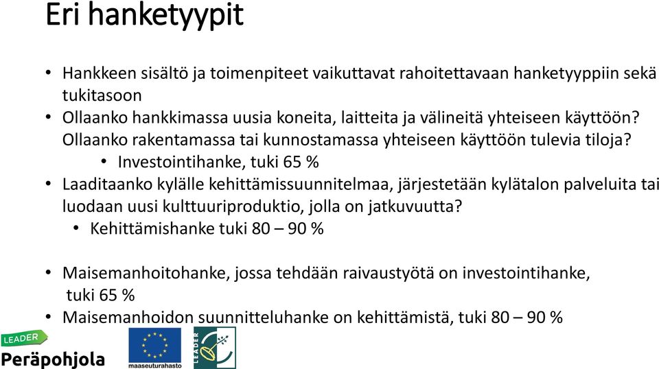 Investointihanke, tuki 65 % Laaditaanko kylälle kehittämissuunnitelmaa, järjestetään kylätalon palveluita tai luodaan uusi kulttuuriproduktio, jolla