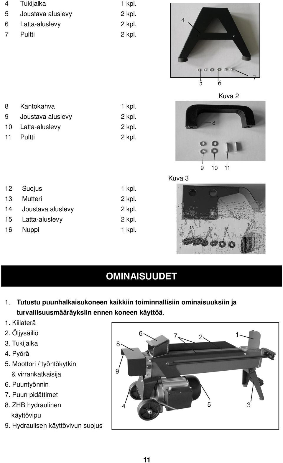 Kuva 3 OMINAISUUDET 1. Tutustu puunhalkaisukoneen kaikkiin toiminnallisiin ominaisuuksiin ja turvallisuusmääräyksiin ennen koneen käyttöä. 1. Kiilaterä 2.