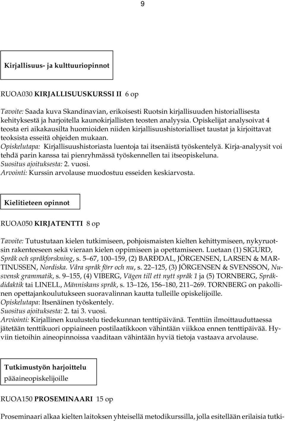 Opiskelutapa: Kirjallisuushistoriasta luentoja tai itsenäistä työskentelyä. Kirja-analyysit voi tehdä parin kanssa tai pienryhmässä työskennellen tai itseopiskeluna. Suositus ajoituksesta: 2. vuosi.
