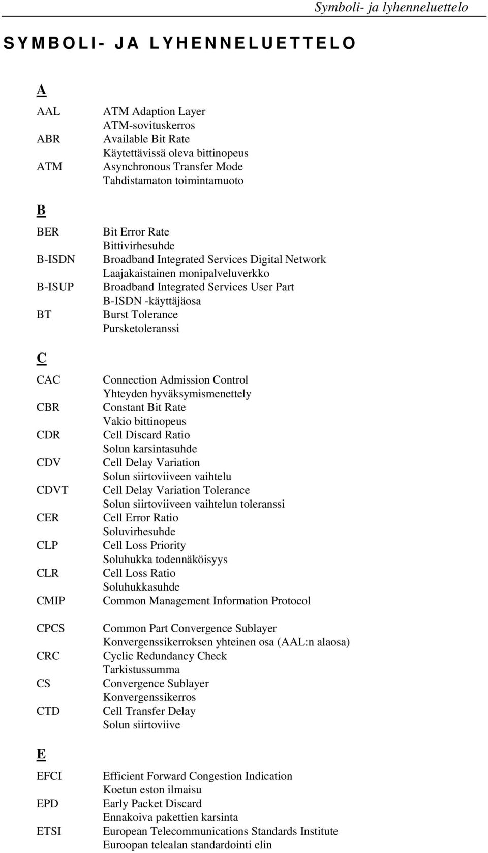 Network Laajakaistainen monipalveluverkko Broadband Integrated Services User Part B-ISDN -käyttäjäosa Burst Tolerance Pursketoleranssi Connection Admission Control Yhteyden hyväksymismenettely