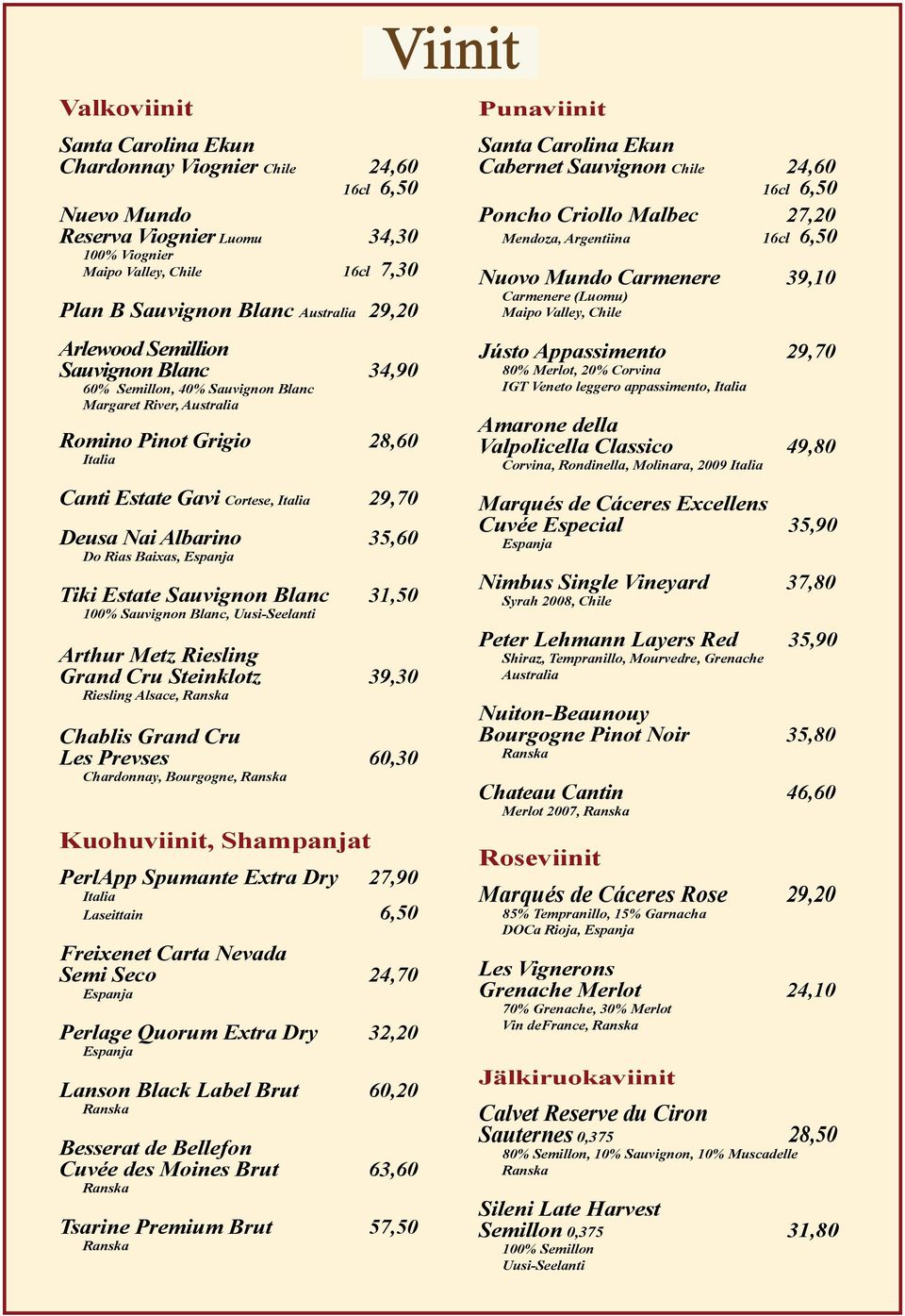35,60 Do Rias Baixas, Tiki Estate Sauvignon Blanc 31,50 100% Sauvignon Blanc, Uusi-Seelanti Arthur Metz Riesling Grand Cru Steinklotz 39,30 Riesling Alsace, Chablis Grand Cru Les Prevses 60,30