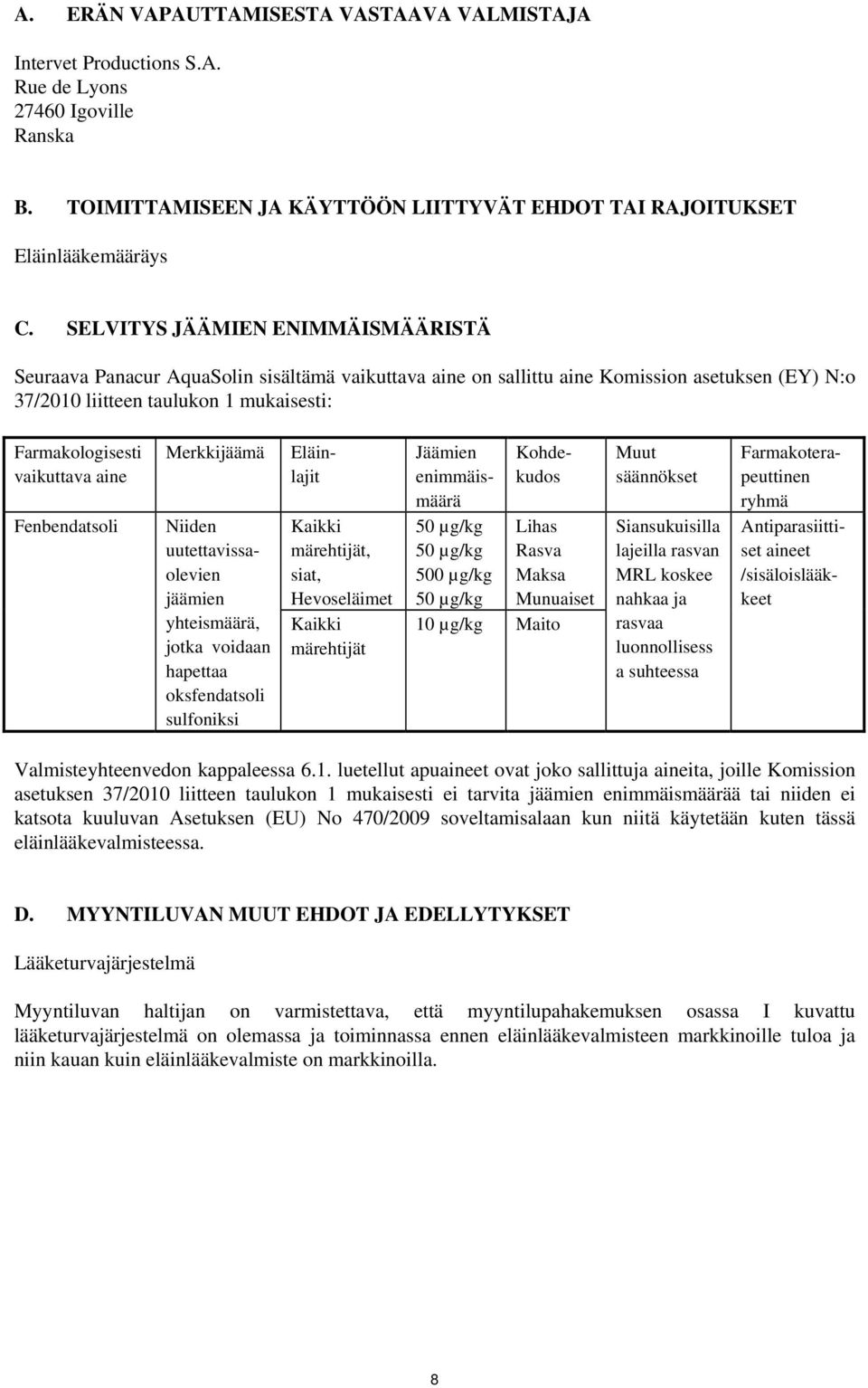 vaikuttava aine Fenbendatsoli Merkkijäämä Niiden uutettavissaolevien jäämien yhteismäärä, jotka voidaan hapettaa oksfendatsoli sulfoniksi Eläinlajit Kaikki märehtijät, siat, Hevoseläimet Kaikki