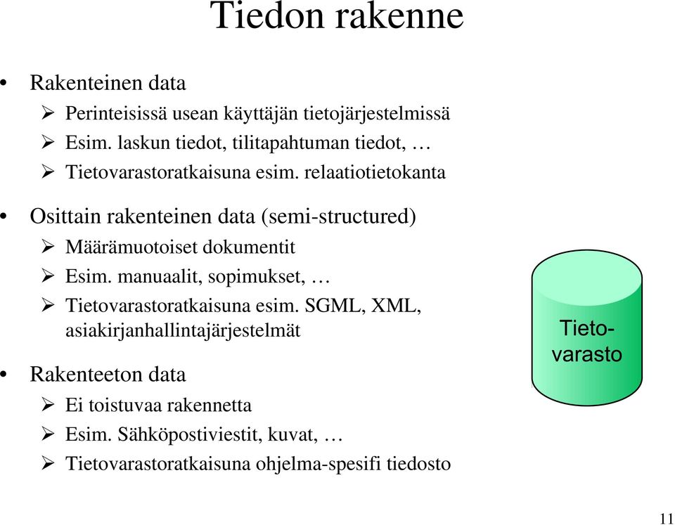 relaatiotietokanta Osittain rakenteinen data (semi-structured) Määrämuotoiset dokumentit Esim.