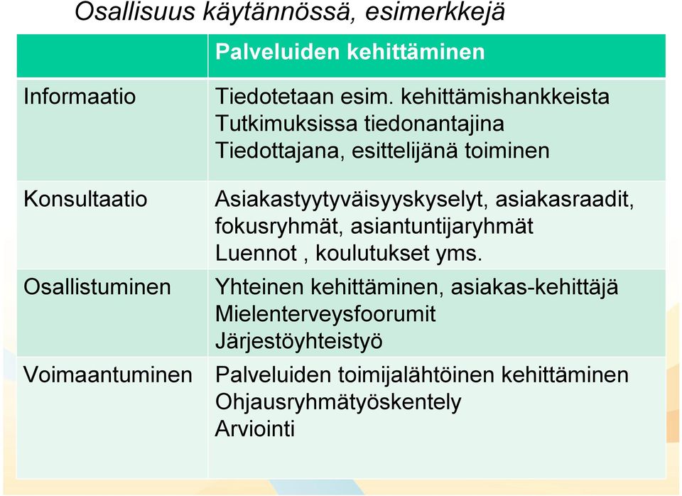 kehittämishankkeista Tutkimuksissa tiedonantajina Tiedottajana, esittelijänä toiminen Asiakastyytyväisyyskyselyt,