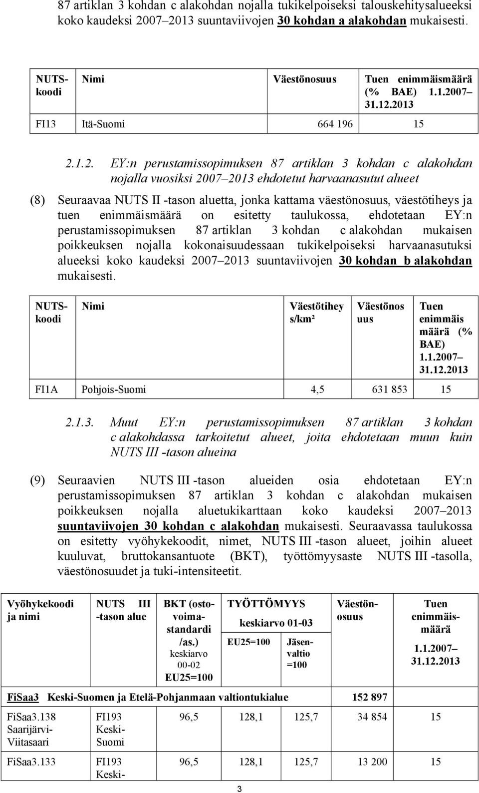 aluetta, jonka kattama väestönosuus, väestötiheys ja tuen enimmäismäärä on esitetty taulukossa, ehdotetaan EY:n perustamissopimuksen 87 artiklan 3 kohdan c alakohdan mukaisen poikkeuksen nojalla