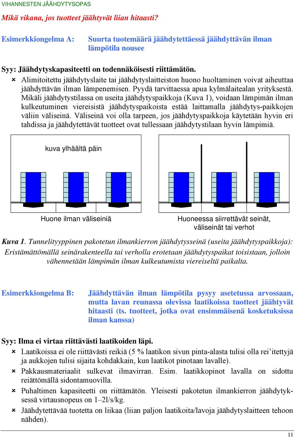 Mikäli jäähdytystilassa on useita jäähdytyspaikkoja (Kuva 1), voidaan lämpimän ilman kulkeutuminen viereisistä jäähdytyspaikoista estää laittamalla jäähdytys-paikkojen väliin väliseinä.