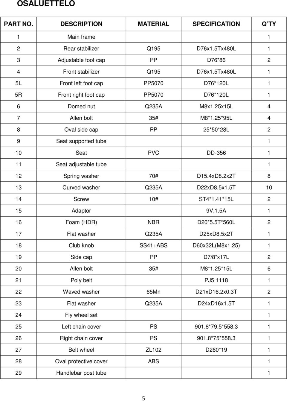 25*95L 4 8 Oval side cap PP 25*50*28L 2 9 Seat supported tube 1 10 Seat PVC DD-356 1 11 Seat adjustable tube 1 12 Spring washer 70# D15.4xD8.2x2T 8 13 Curved washer Q235A D22xD8.5x1.