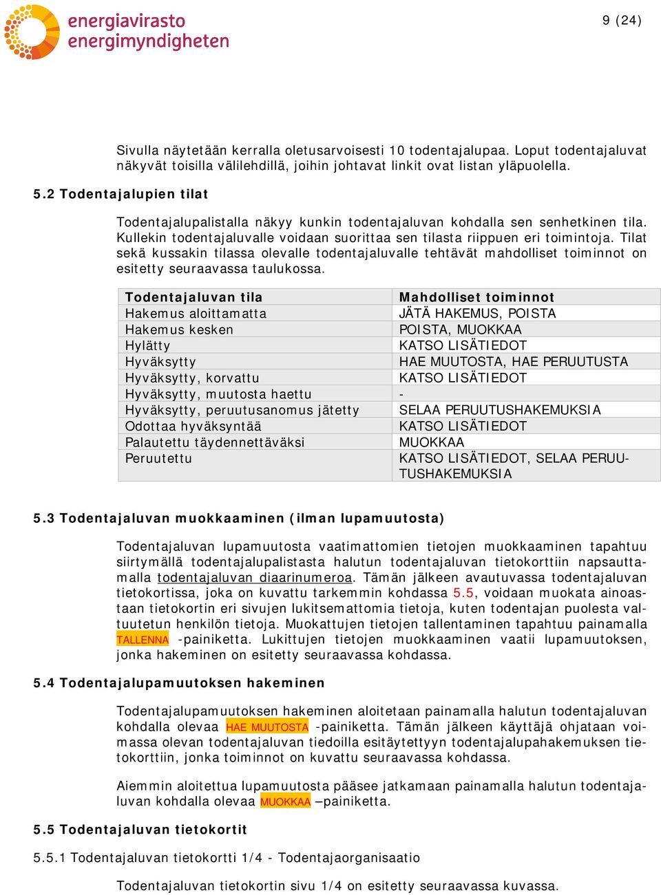 Tilat sekä kussakin tilassa olevalle todentajaluvalle tehtävät mahdolliset toiminnot on esitetty seuraavassa taulukossa.