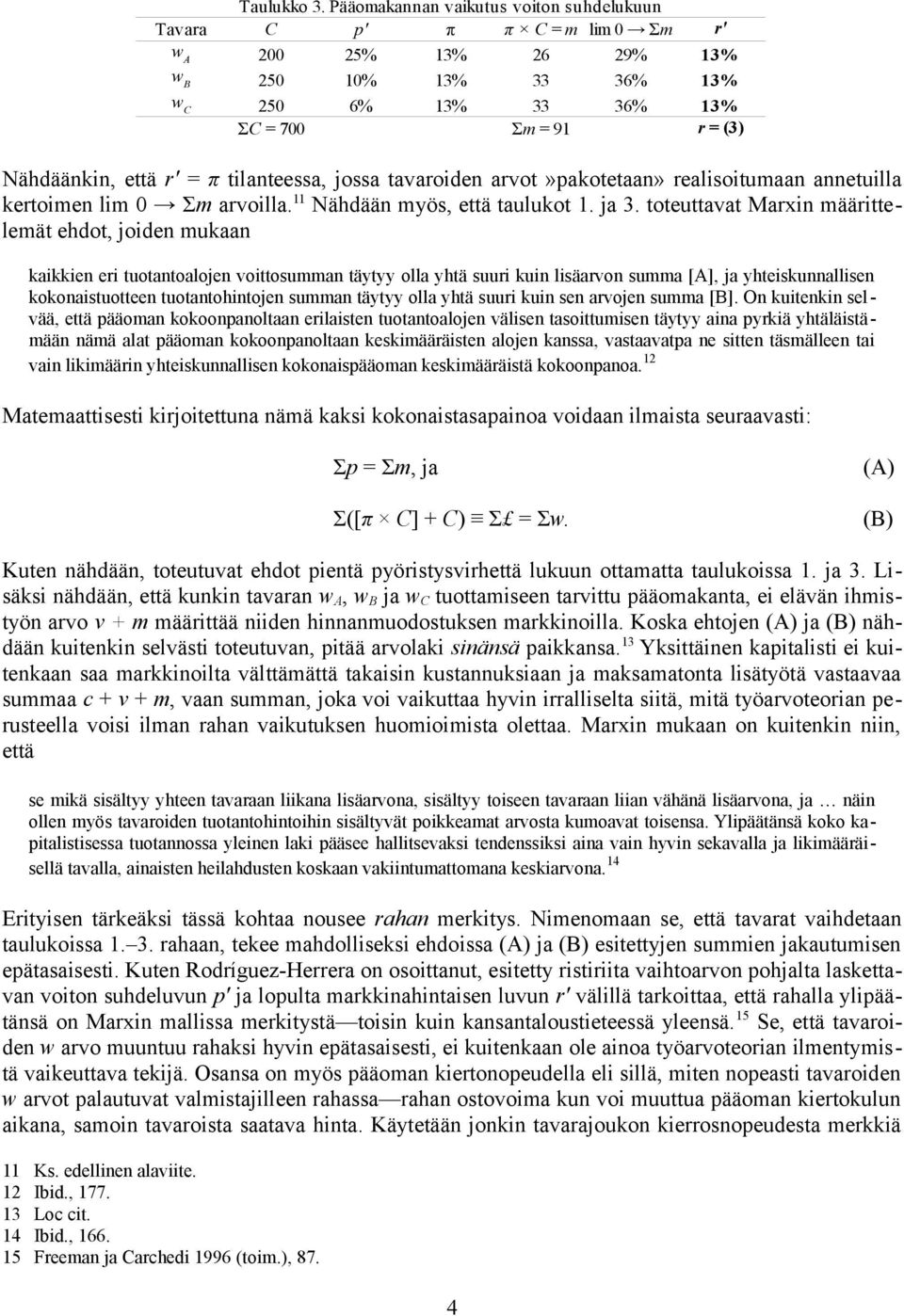 = π tilanteessa, jossa tavaroiden arvot»pakotetaan» realisoitumaan annetuilla kertoimen lim 0 Σm arvoilla. 11 Nähdään myös, että taulukot 1. ja 3.