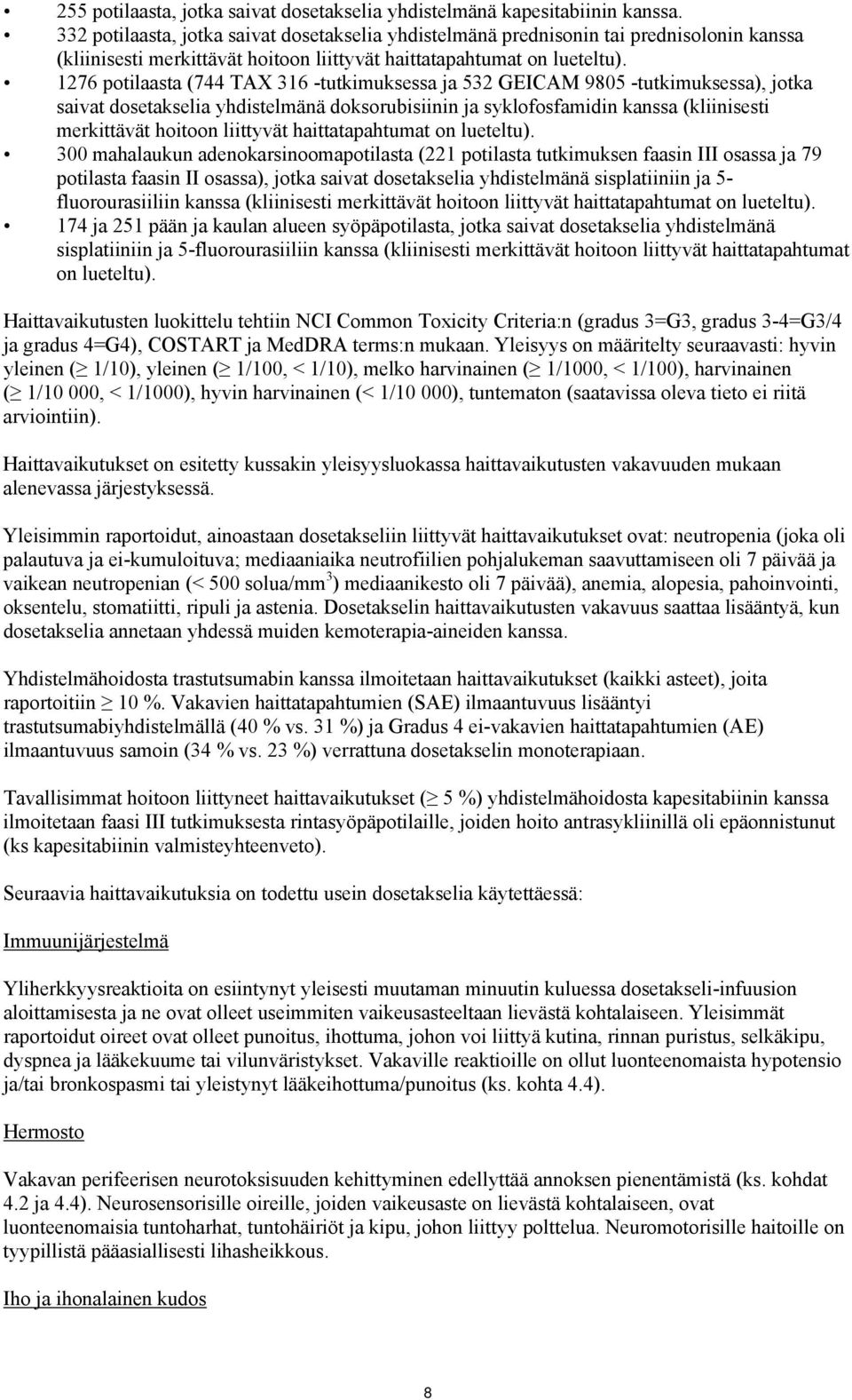 1276 potilaasta (744 TAX 316 -tutkimuksessa ja 532 GEICAM 9805 -tutkimuksessa), jotka saivat dosetakselia yhdistelmänä doksorubisiinin ja syklofosfamidin kanssa (kliinisesti merkittävät hoitoon