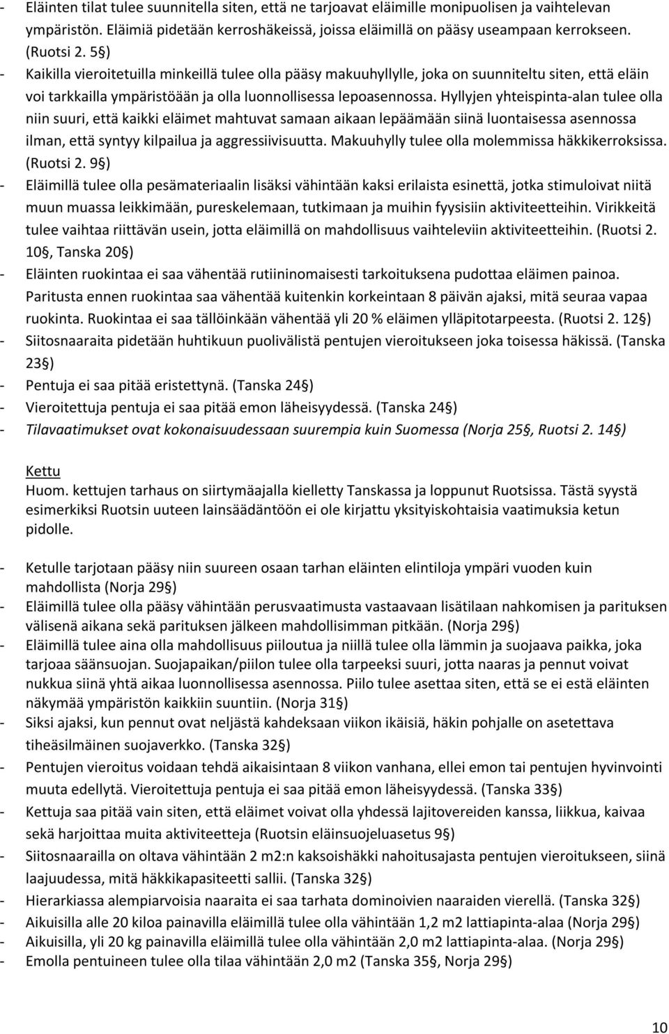 Hyllyjen yhteispinta-alan tulee olla niin suuri, että kaikki eläimet mahtuvat samaan aikaan lepäämään siinä luontaisessa asennossa ilman, että syntyy kilpailua ja aggressiivisuutta.