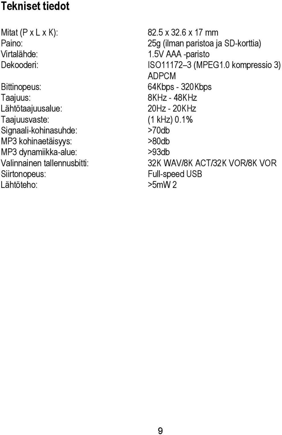 5 x 32.6 x 17 mm 25g (ilman paristoa ja SD-korttia) 1.5V AAA -paristo ISO11172 3 (MPEG1.