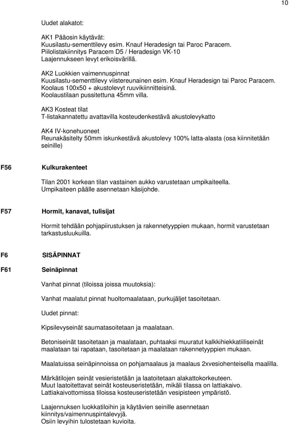 AK3 Kosteat tilat T-listakannatettu avattavilla kosteudenkestävä akustolevykatto AK4 IV-konehuoneet Reunakäsitelty 50mm iskunkestävä akustolevy 100% latta-alasta (osa kiinnitetään seinille) F56