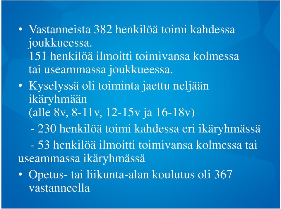 Kyselyssä oli toiminta jaettu neljään ikäryhmään (alle 8v, 8-11v, 12-15v ja 16-18v) - 230