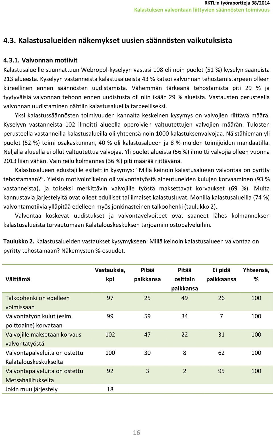 Kyselyyn vastanneista kalastusalueista 43 % katsoi valvonnan tehostamistarpeen olleen kiireellinen ennen säännösten uudistamista.