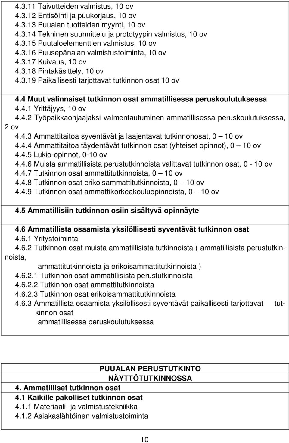 4 Muut valinnaiset tutkinnon osat ammatillisessa peruskoulutuksessa 4.4.1 Yrittäjyys, 10 ov 4.4.2 Työpaikkaohjaajaksi valmentautuminen ammatillisessa peruskoulutuksessa, 2 ov 4.4.3 Ammattitaitoa syventävät ja laajentavat tutkinnonosat, 0 10 ov 4.