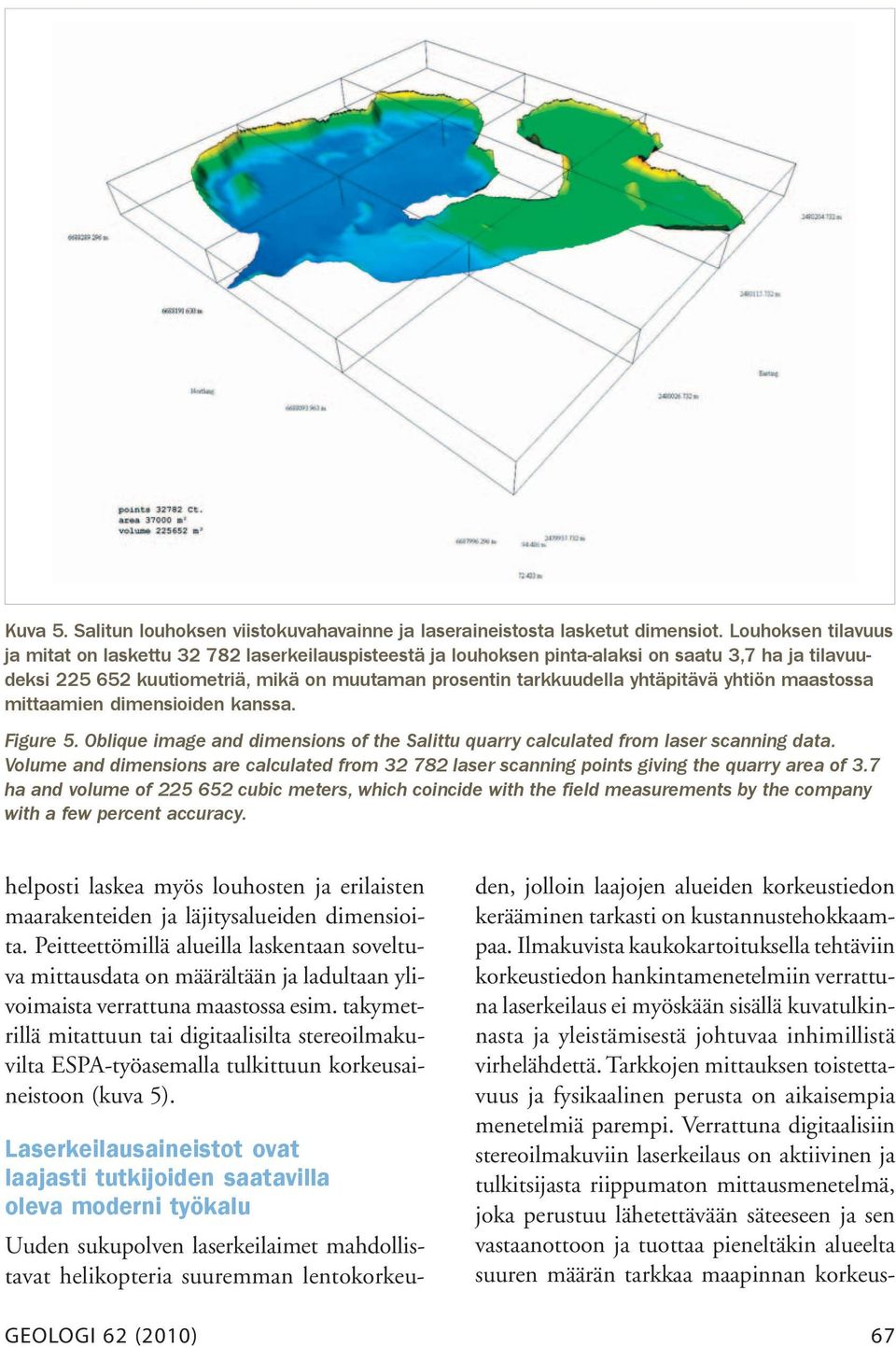 yhtiön maastossa mittaamien dimensioiden kanssa. Figure 5. Oblique image and dimensions of the Salittu quarry calculated from laser scanning data.