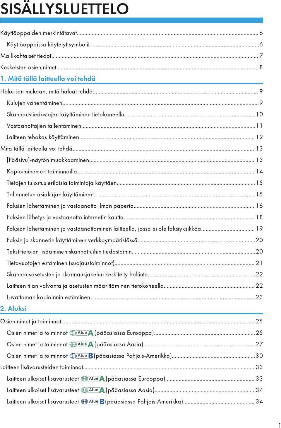 ..11 Laitteen tehokas käyttäminen... 12 Mitä tällä laitteella voi tehdä... 13 [Pääsivu]-näytön muokkaaminen... 13 Kopioiminen eri toiminnoilla... 14 Tietojen tulostus erilaisia toimintoja käyttäen.