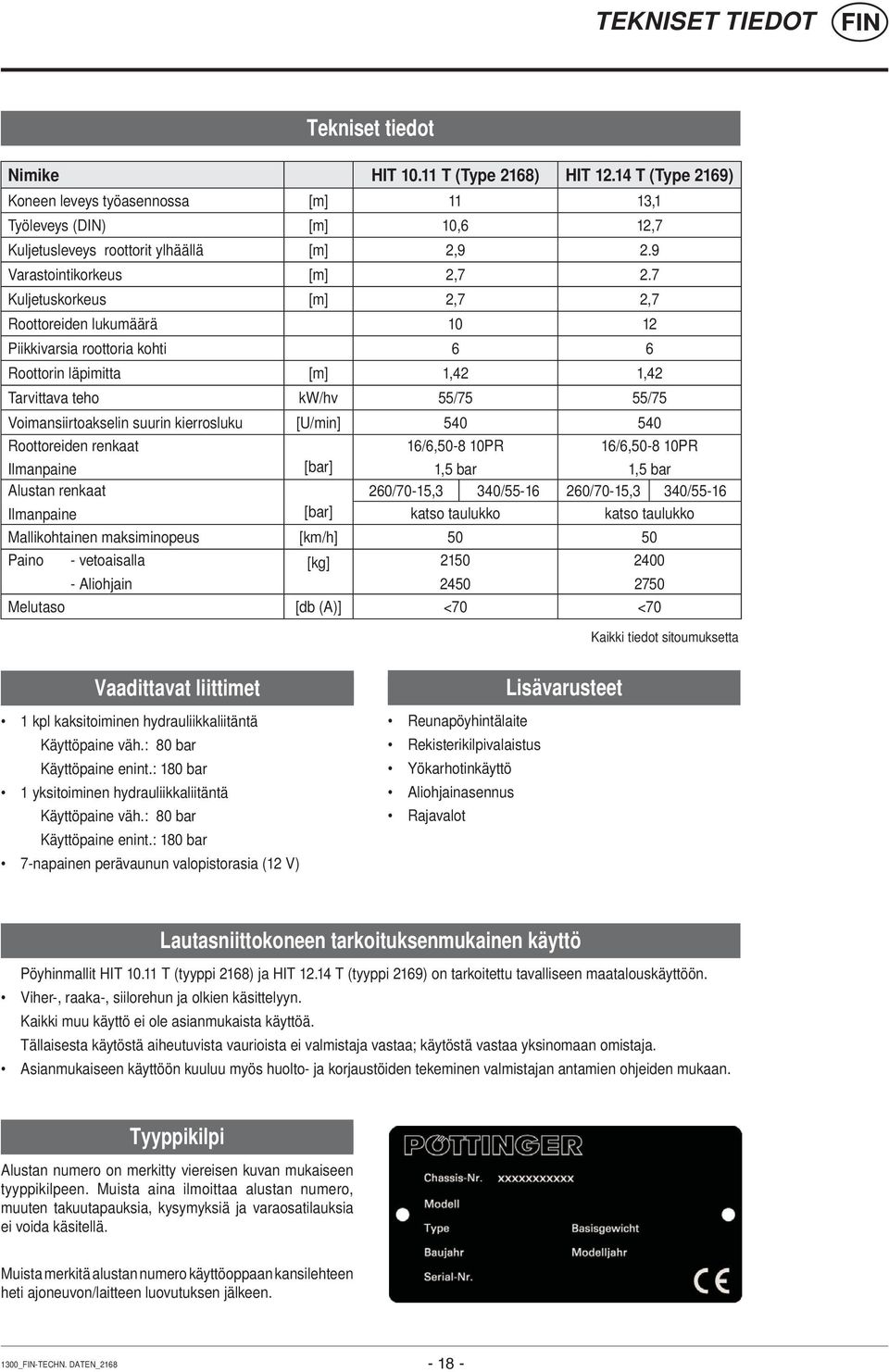 7 Kuljetuskorkeus [m] 2,7 2,7 Roottoreiden lukumäärä 10 12 Piikkivarsia roottoria kohti 6 6 Roottorin läpimitta [m] 1,42 1,42 Tarvittava teho kw/hv 55/75 55/75 Voimansiirtoakselin suurin kierrosluku