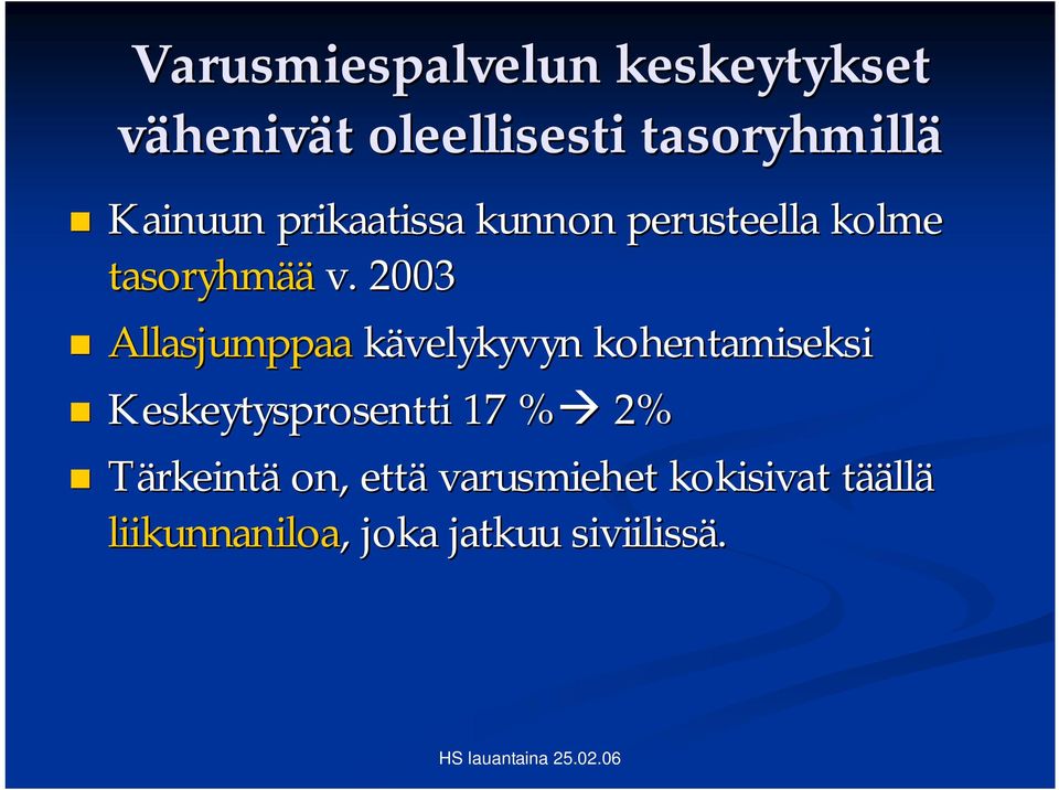 2003 Allasjumppaa kävelykyvyn kohentamiseksi Keskeytysprosentti 17 % 2%