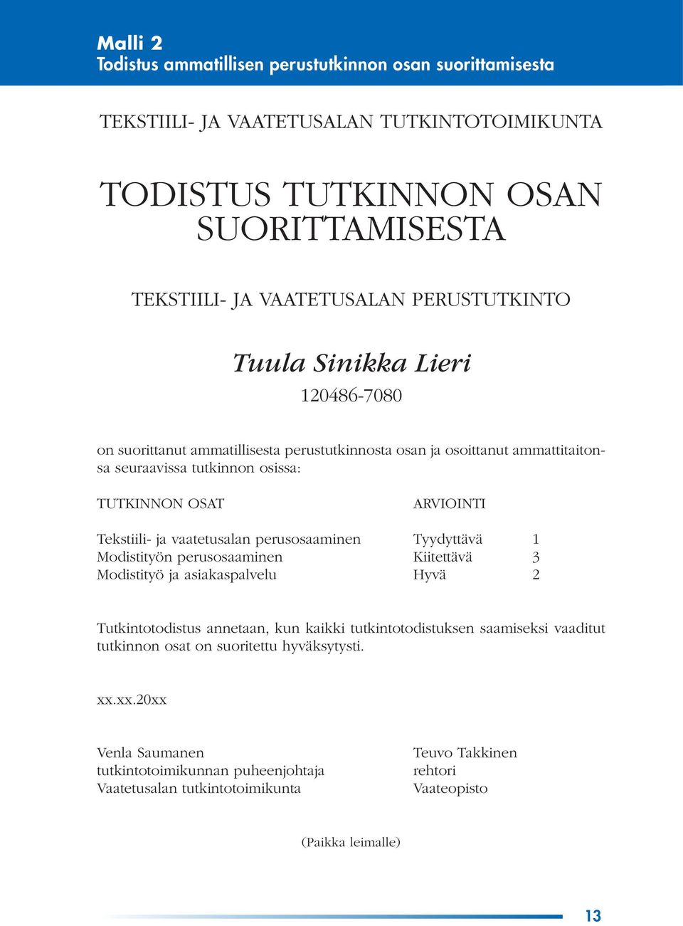 Tekstiili- ja vaatetusalan perusosaaminen Tyydyttävä 1 Modistityön perusosaaminen Kiitettävä 3 Modistityö ja asiakaspalvelu Hyvä 2 Tutkintotodistus annetaan, kun kaikki tutkintotodistuksen