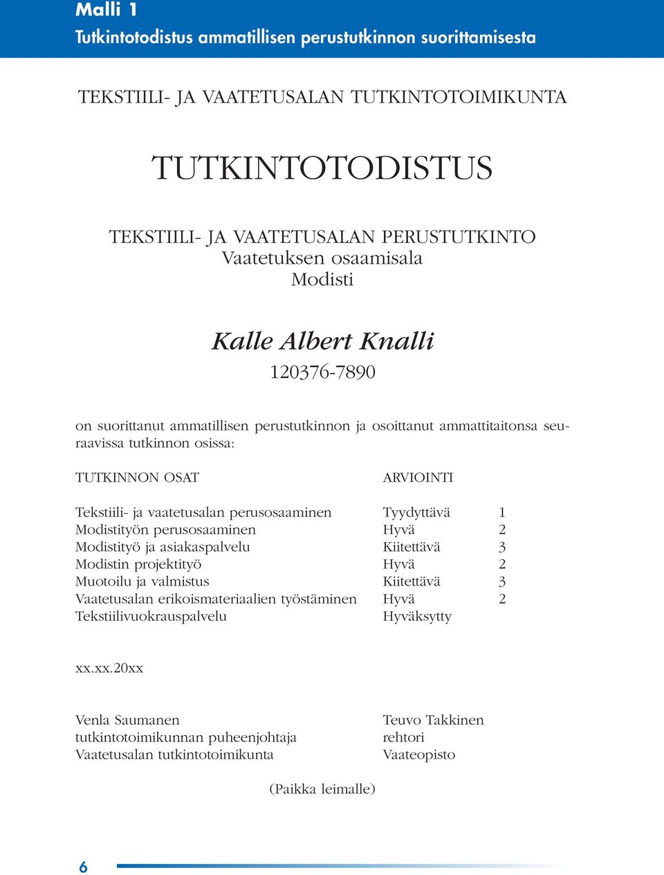 perusosaaminen Tyydyttävä 1 Modistityön perusosaaminen Hyvä 2 Modistityö ja asiakaspalvelu Kiitettävä 3 Modistin projektityö Hyvä 2 Muotoilu ja valmistus Kiitettävä 3 Vaatetusalan