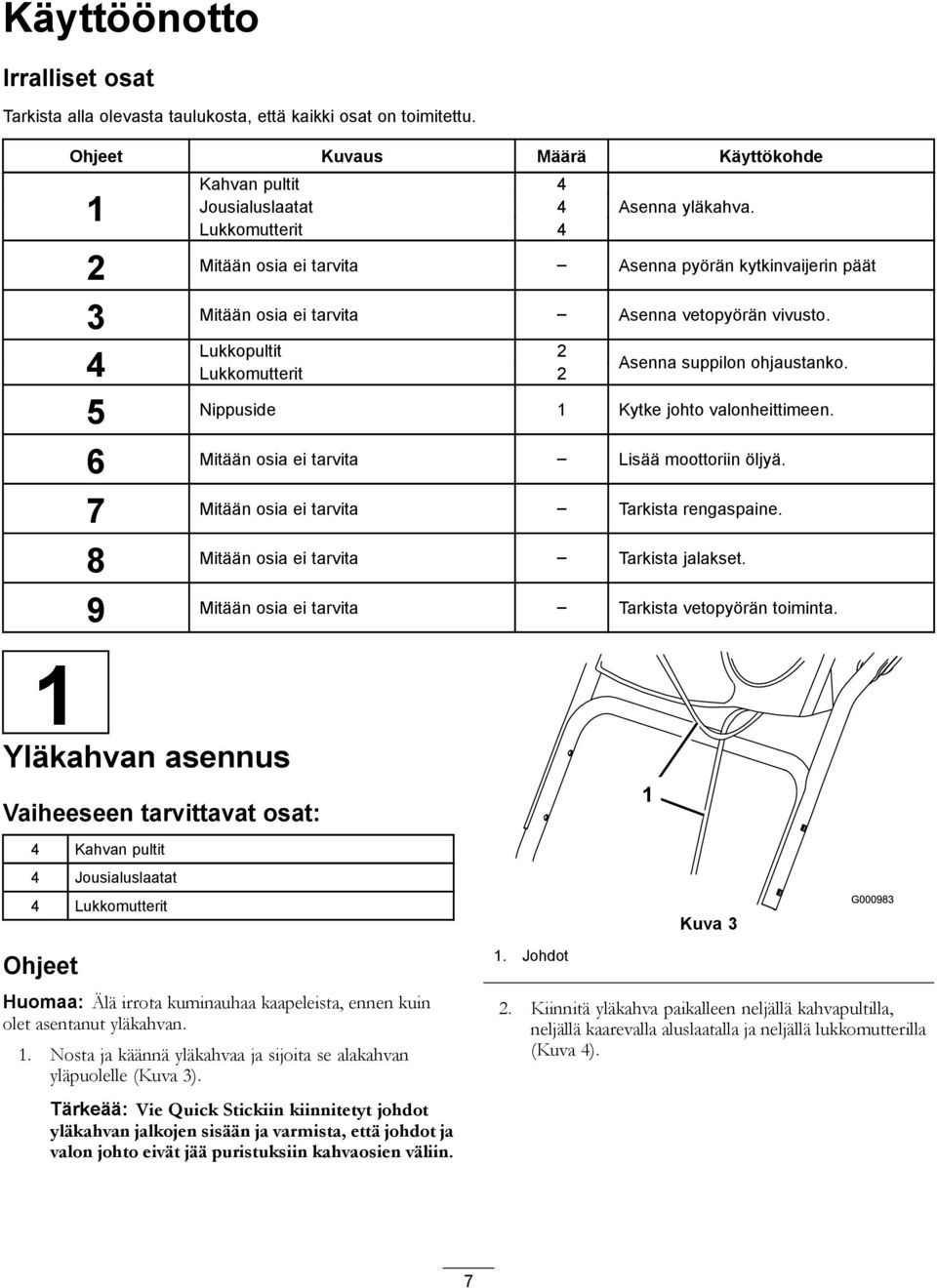 Lukkomutterit 2 5 Nippuside 1 Kytke johto valonheittimeen. 6 Mitään osia ei tarvita Lisää moottoriin öljyä. 7 Mitään osia ei tarvita Tarkista rengaspaine. 8 Mitään osia ei tarvita Tarkista jalakset.