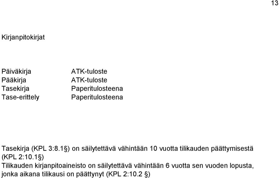 1 ) on säilytettävä vähintään 10 vuotta tilikauden päättymisestä (KPL 2:10.